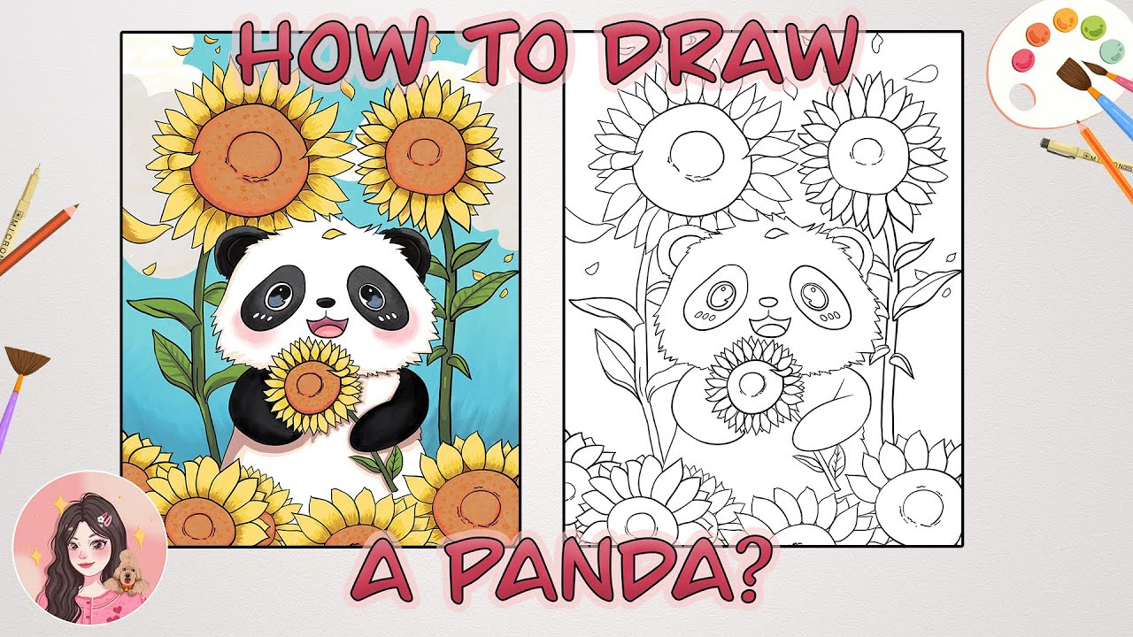 How to draw a panda?| panda among the sunflowers|Cute Panda Drawing Step by Step|Sunflowers drawing